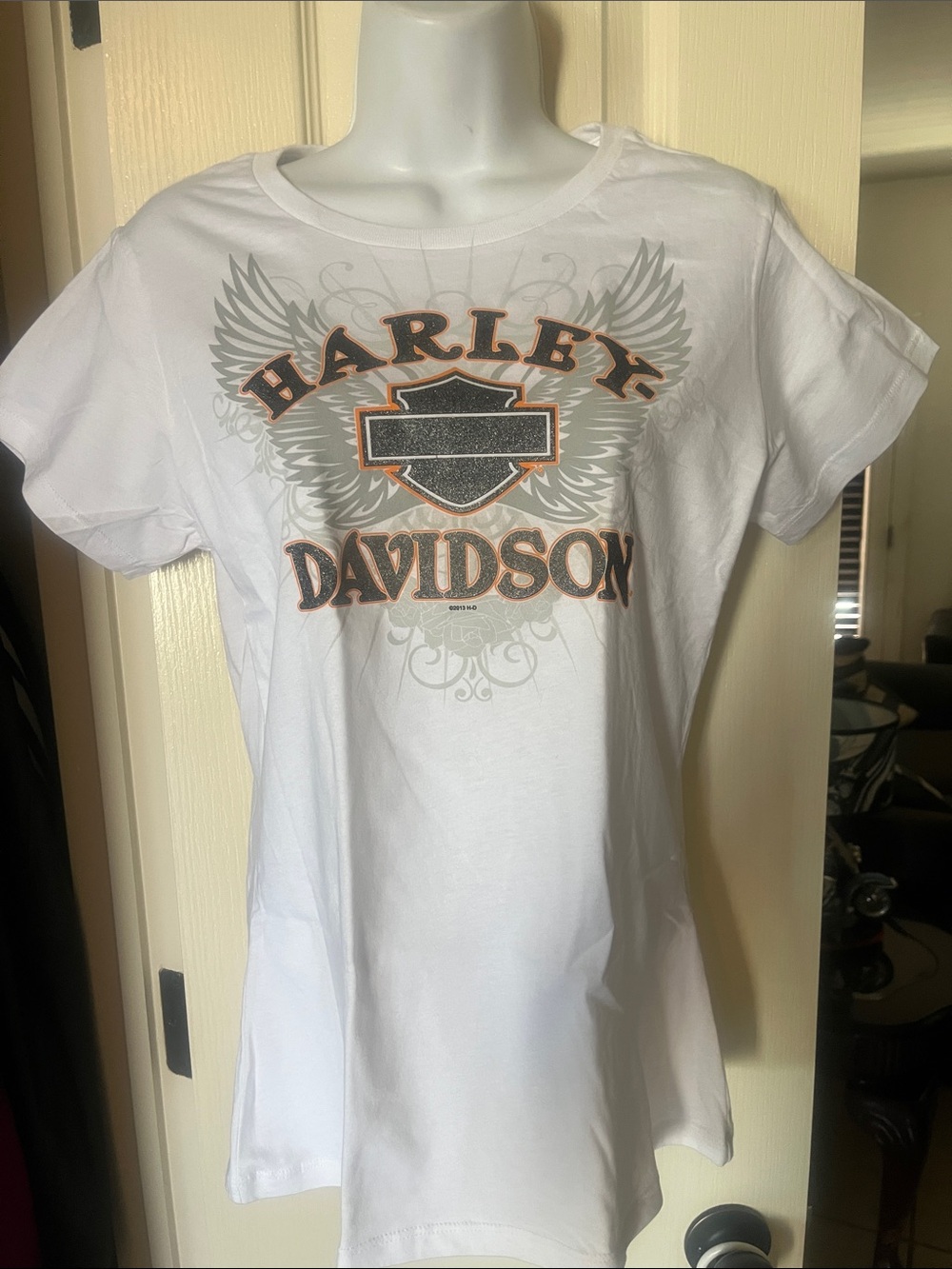 NWT- Harley-Davidson White T-Shirt with Orange and Gray Winged Logo